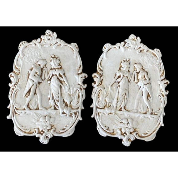 Romantic Bisque Ceramic Relief Plaques – Classical Pair with Cherub-Inspired Orn - Picture 1 of 14